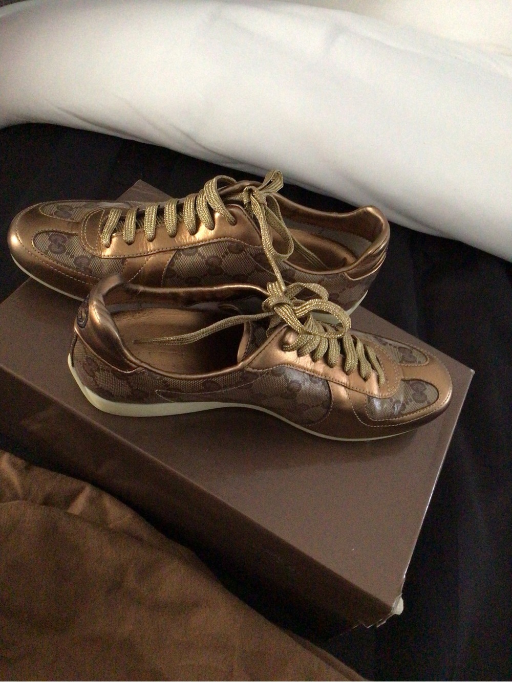 Gucci Bronze Metallic Monogram Low-Top Sneakers